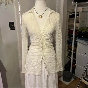 White ruched lace button-up blouse with long sleeves